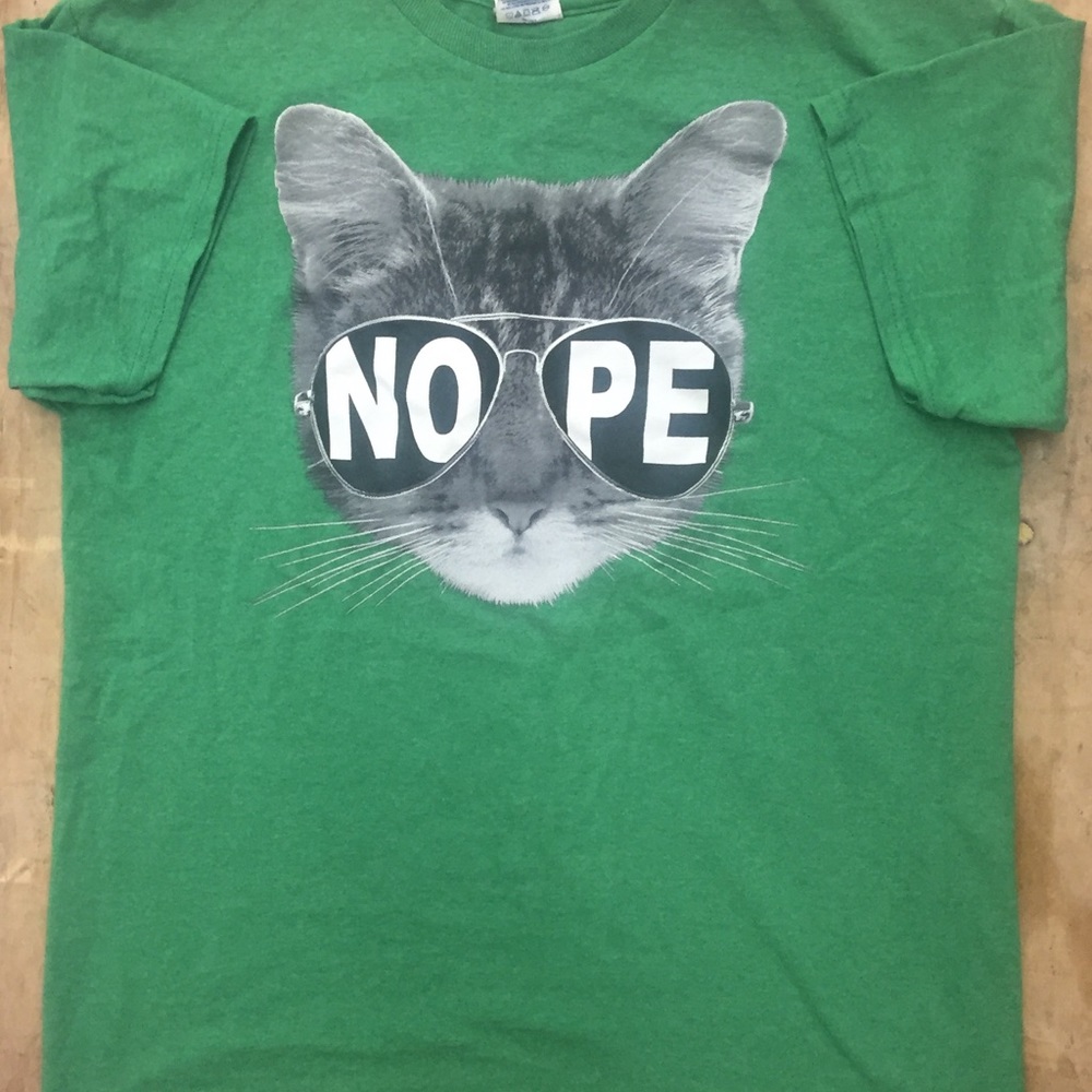 Green T-shirt with cat face and NOPE. Youth L